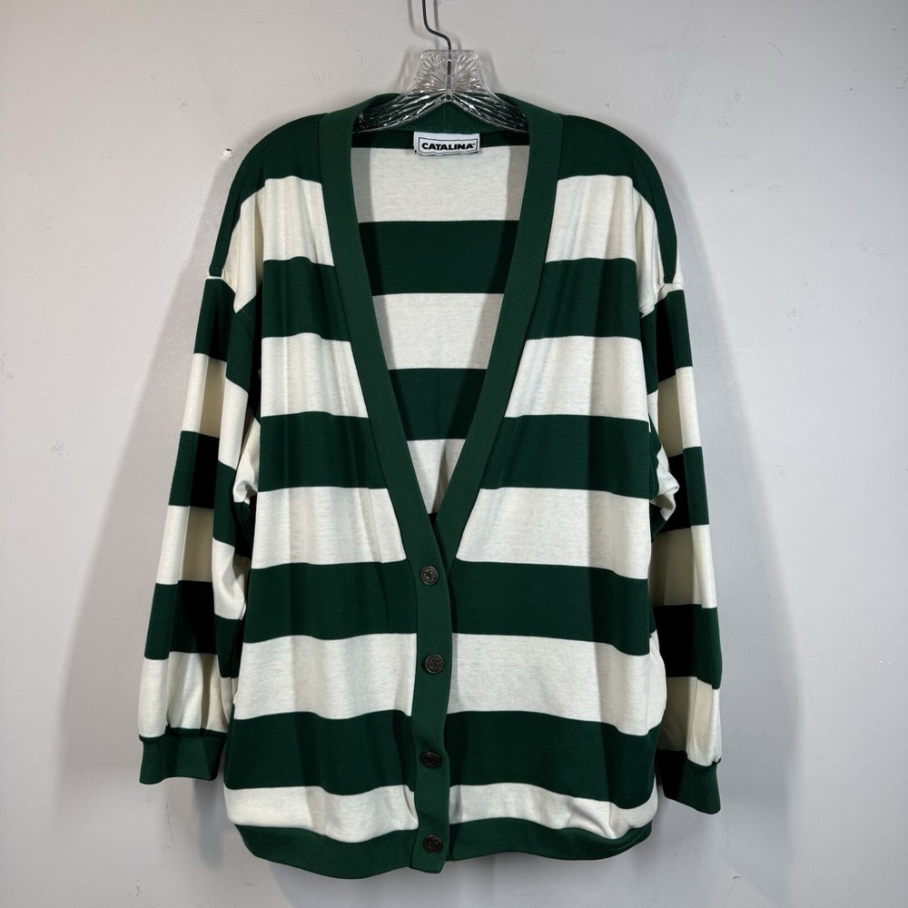 Catalina Sz M/L Green Striped Cardigan Grunge Kurt Cobain Preppy Where's Waldo